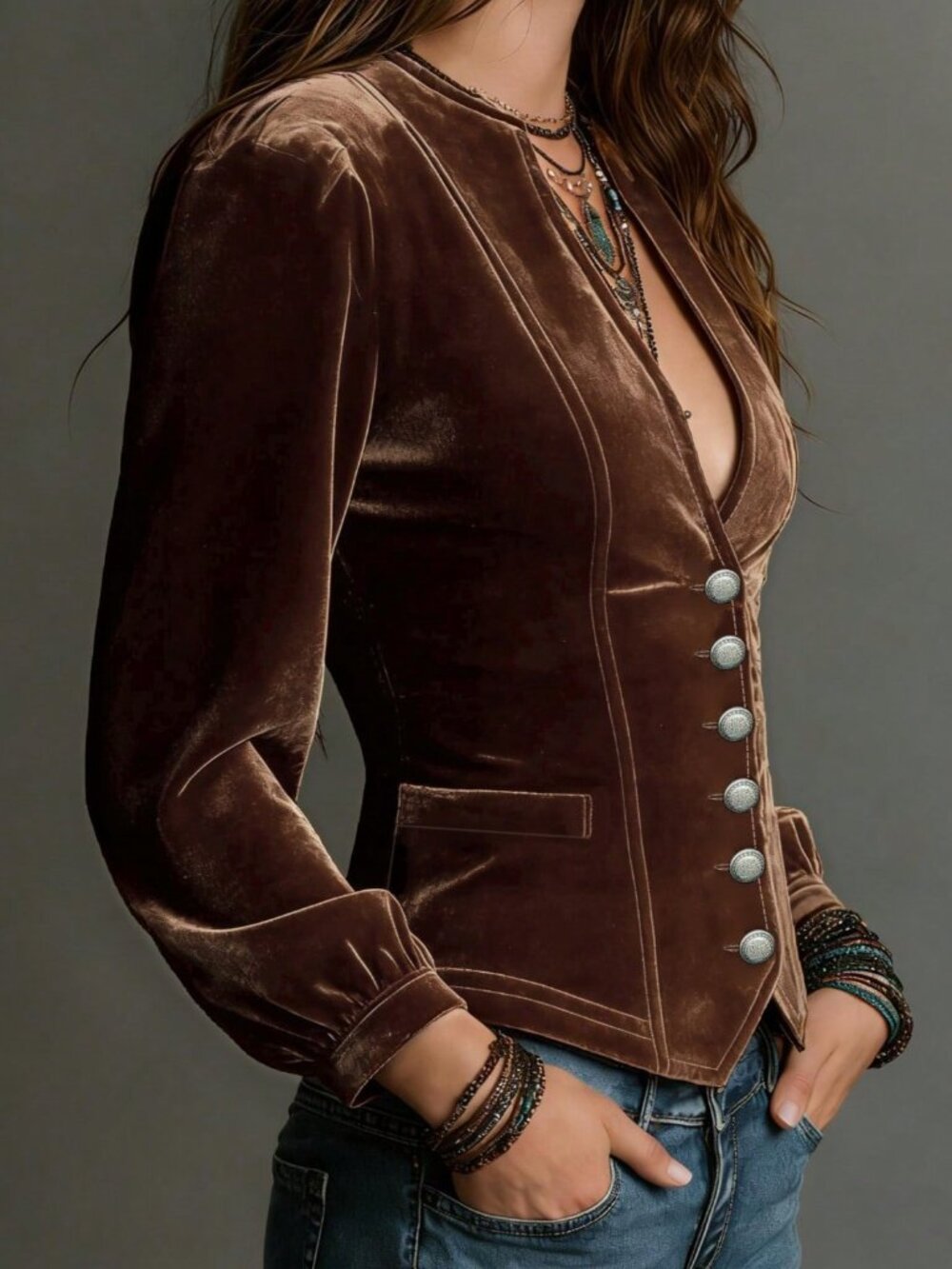 Brown Casual Women's Velvet Fitted V-Neck Long Sleeve Single-Breasted Button Top - Picture 3 of 4